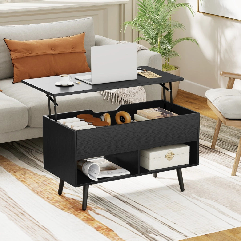 Tavolino da caff¨¨ moderno con scomparto nascosto e 2 scaffali aperti, Tavolino per soggiorno in legno Nero-Tavolini da salotto