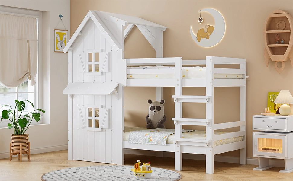 Letto a castello per bambini con finestre e scala, 90x200 cm, bianco