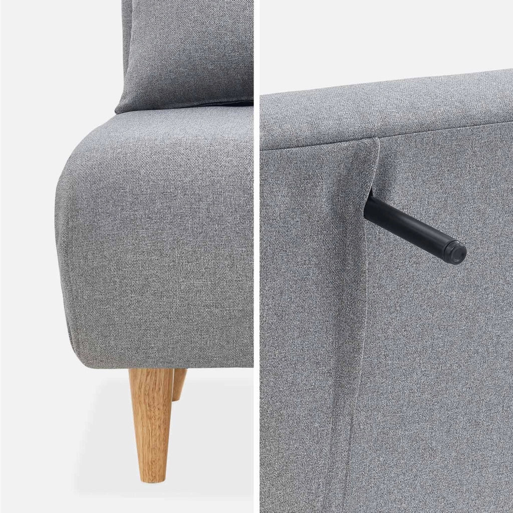 Divano letto in tessuto con gambe in legno, 2 posti, grigio chiaro