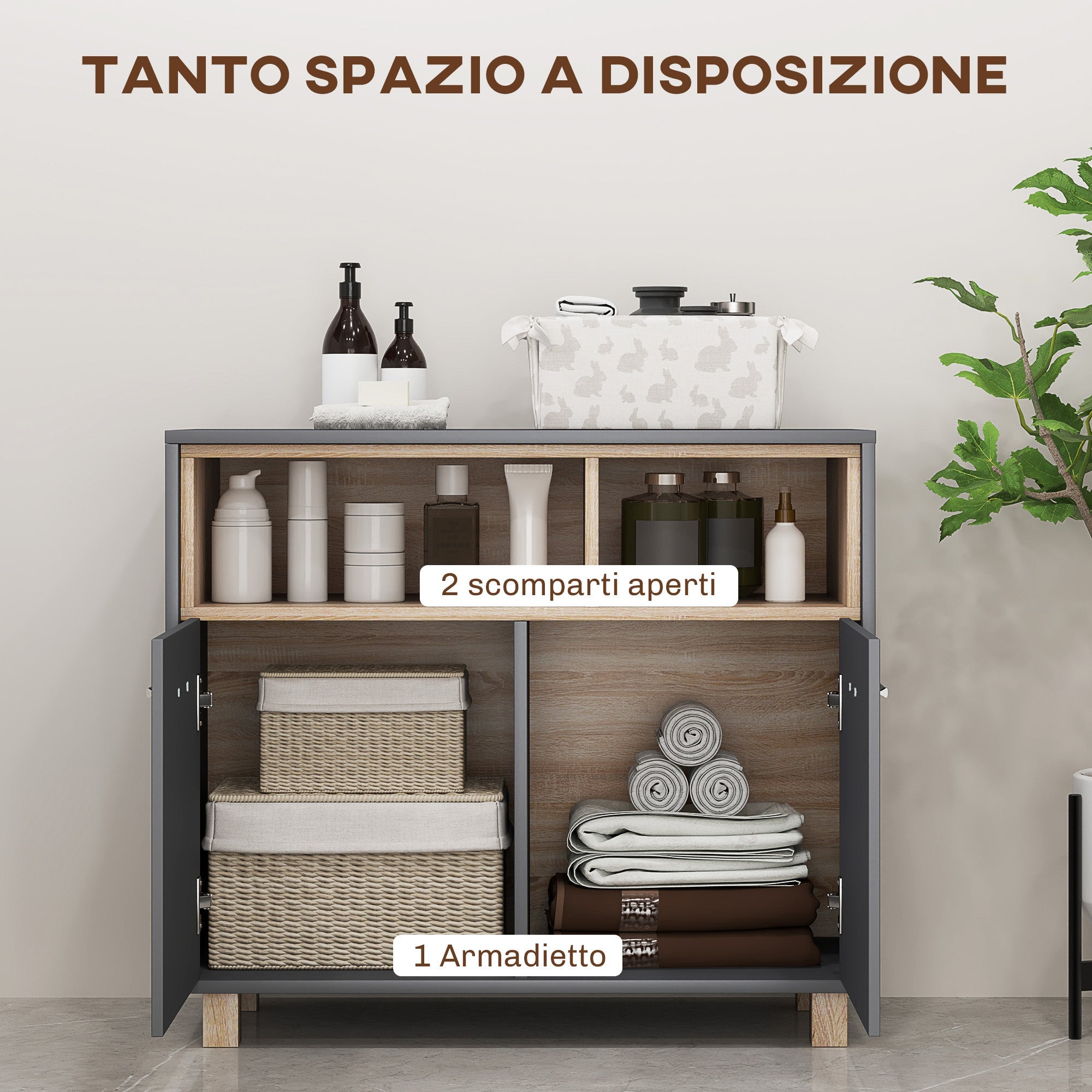 Mobile Bagno con Armadietto e Vani Aperti 80x35x70 cm Grigio