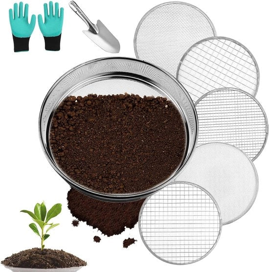 Compostiere in acciaio inossidabile da giardino con zeef 25 cm, zeef intercambiabili Ø 13,69 mm, compatibile con la pala da giardino da 27 cm.