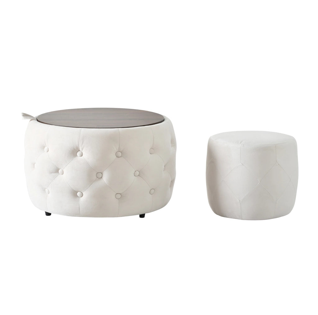 Set di 2 pouf contenitore rotondi in velluto beige 4 in 1