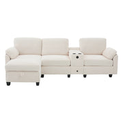 Divano modulare 4 posti - con console scorrevole e pouf contenitore - in velluto a coste beige