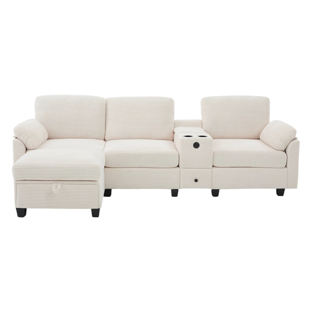 Divano modulare 4 posti - con console scorrevole e pouf contenitore - in velluto a coste beige