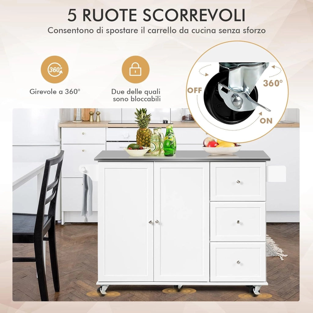 Carrello da Cucina, Isola da Cucina con Piano in Acciaio Inox, 3 Cassetti e Armadietto a 2 Ante, Ripiani Regolabili e Portasciugamani e Portaspezie, 135x45,5x 91,5 cm (Bianco)