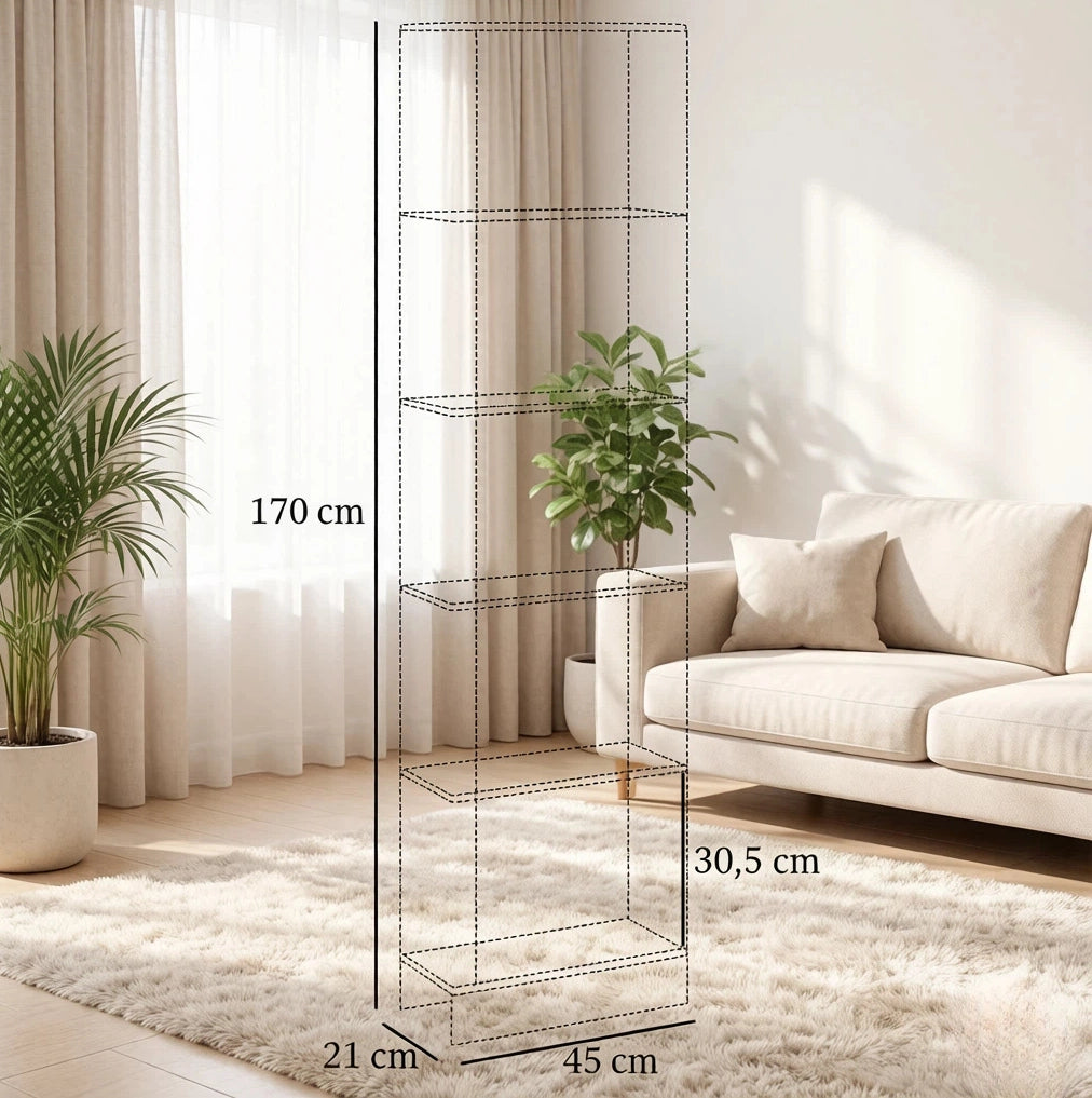 Libreria a 5 ripiani aperti in truciolare E1 bianco e rovere 45 x 21 x 170 cm
