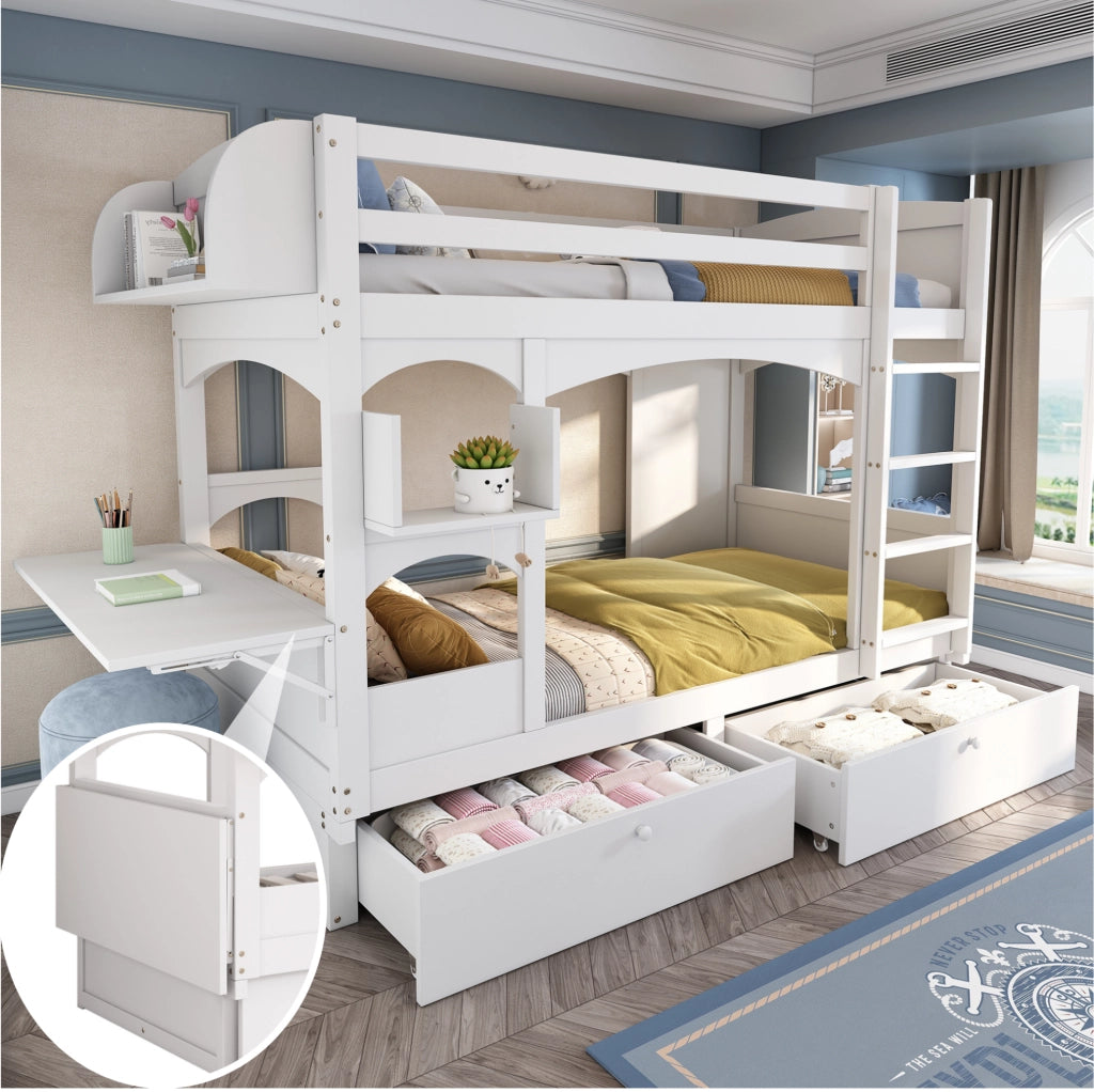 Letto a castello per bambini 90x200 cm con scrivania pieghevole; 2 cassetti; legno bianco