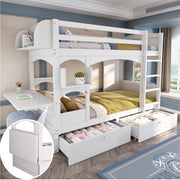 Letto a castello per bambini 90x200 cm con scrivania pieghevole; 2 cassetti; legno bianco