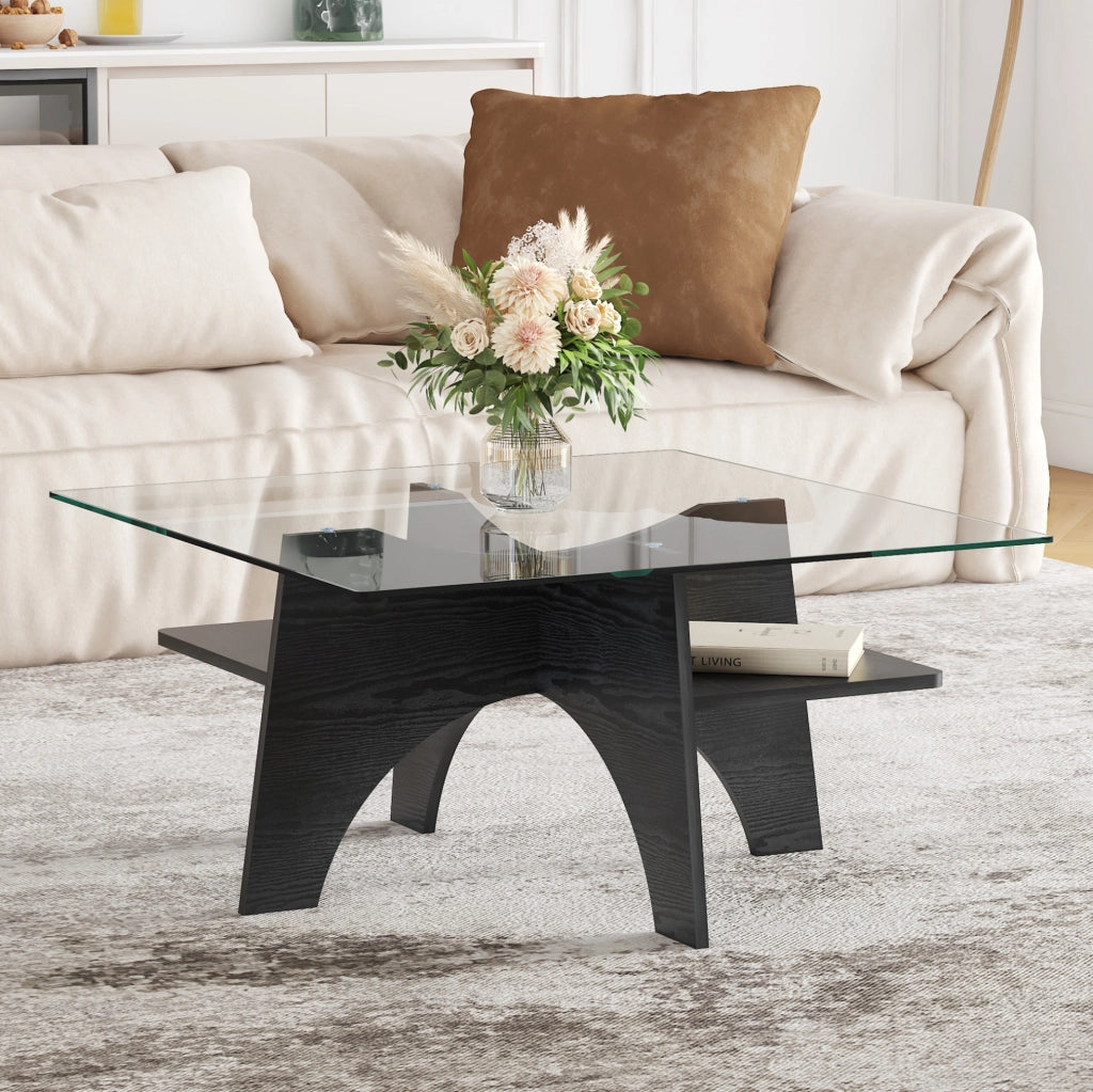 Tavolino da caffè quadrato 80x80x40 cm in vetro di sicurezza e MDF nero