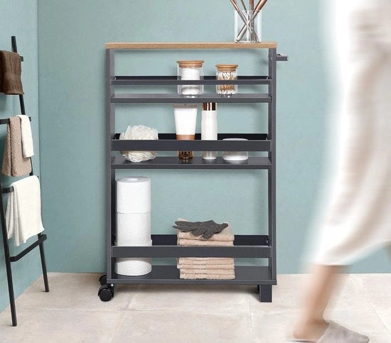 Trolley di archiviazione 50x79x15 cm - Carrello da cucina su 2 ruote & 2 gambe - Servizio in legno con 3 piastre & tavolo FSC - spazio di archiviazione ridotto sotto il mobile per cucina, bagno, ufficio - colore antracite