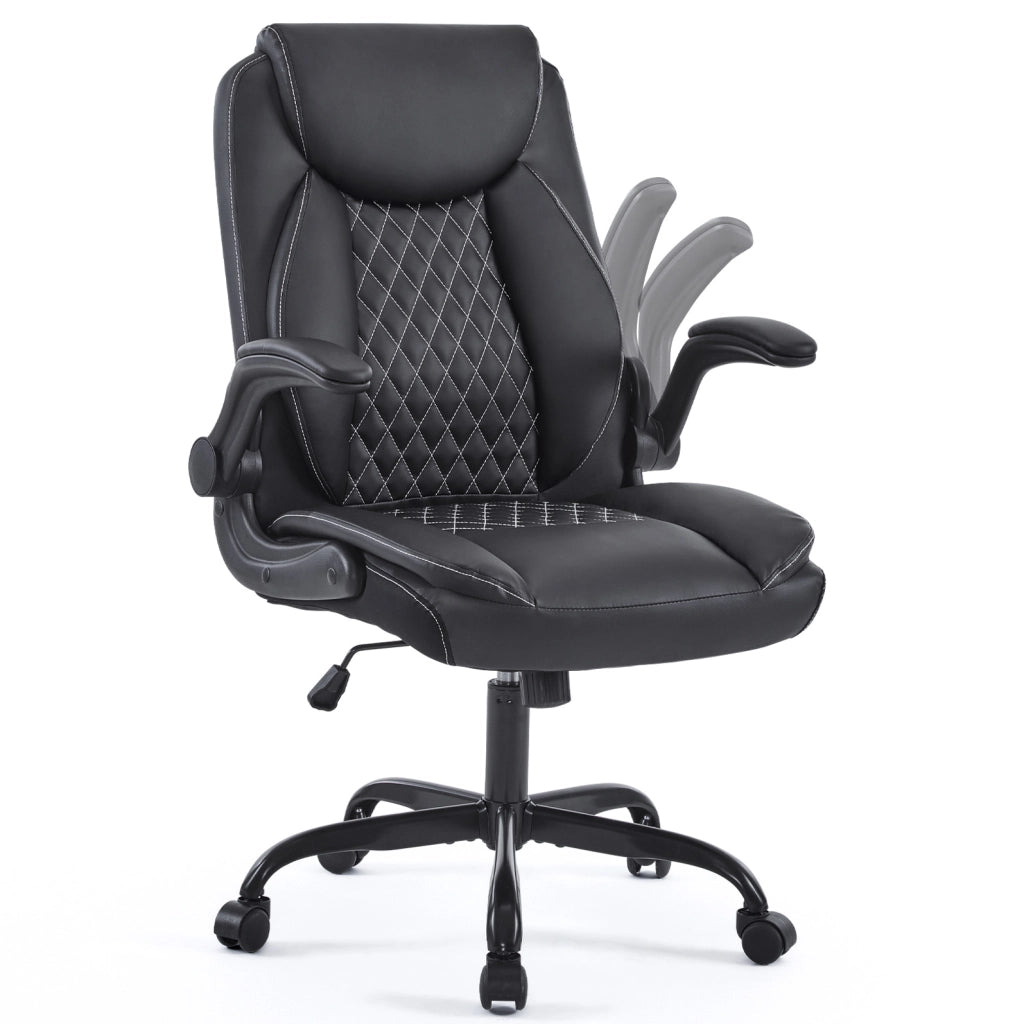 Sedia ufficio ergonomica con supporto lombare; braccioli ribaltabili; pelle nera