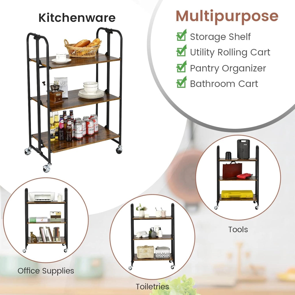 Scaffali pieghevoli con ruote, nessun montaggio Carrello a 3 livelli, 2 delle ruote hanno serrature, carrello multiuso per microonde, rack portatile con telaio in metallo, per cucina, camper