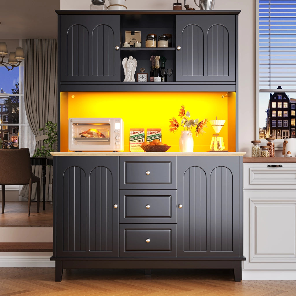 OKWISH Credenza Alta da Cucina con 4 Ante e 3 Cassetti, Ripiani Regolabili, Luce LED e Porta di Ricarica, MDF, 120 x 40 x 180 cm