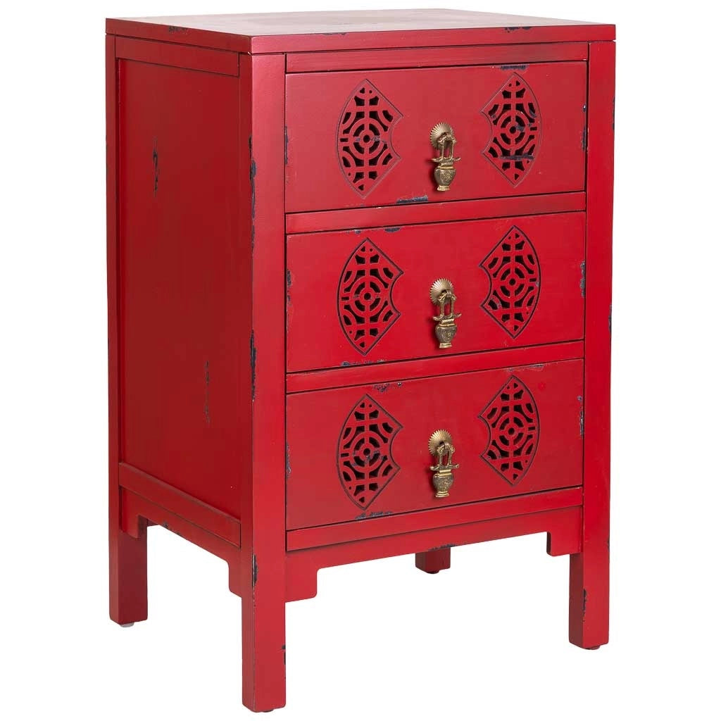 Mesita de madera con 3 cajones rojo 45x36x70