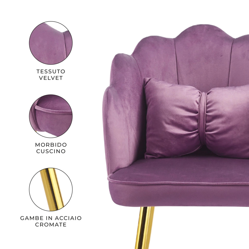 Poltroncina Elegante in Velluto con Schienale a Conchiglia, Cuscino e Gambe in Acciaio, Sedia Imbottita elegante Violetto