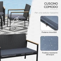 Set 4 Pezzi Salotto da Esterni con 2 Sedie, Divano e Tavolino Mobili da Giardino in Rattan e Acciaio Nero
