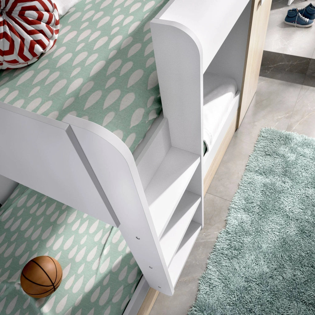 Letto per bambini Hikaa, Cameretta completa con armadio e cassetto, Composizione letto a castello con due lettini singoli, 244x112h150 cm, Rovere e Bianco