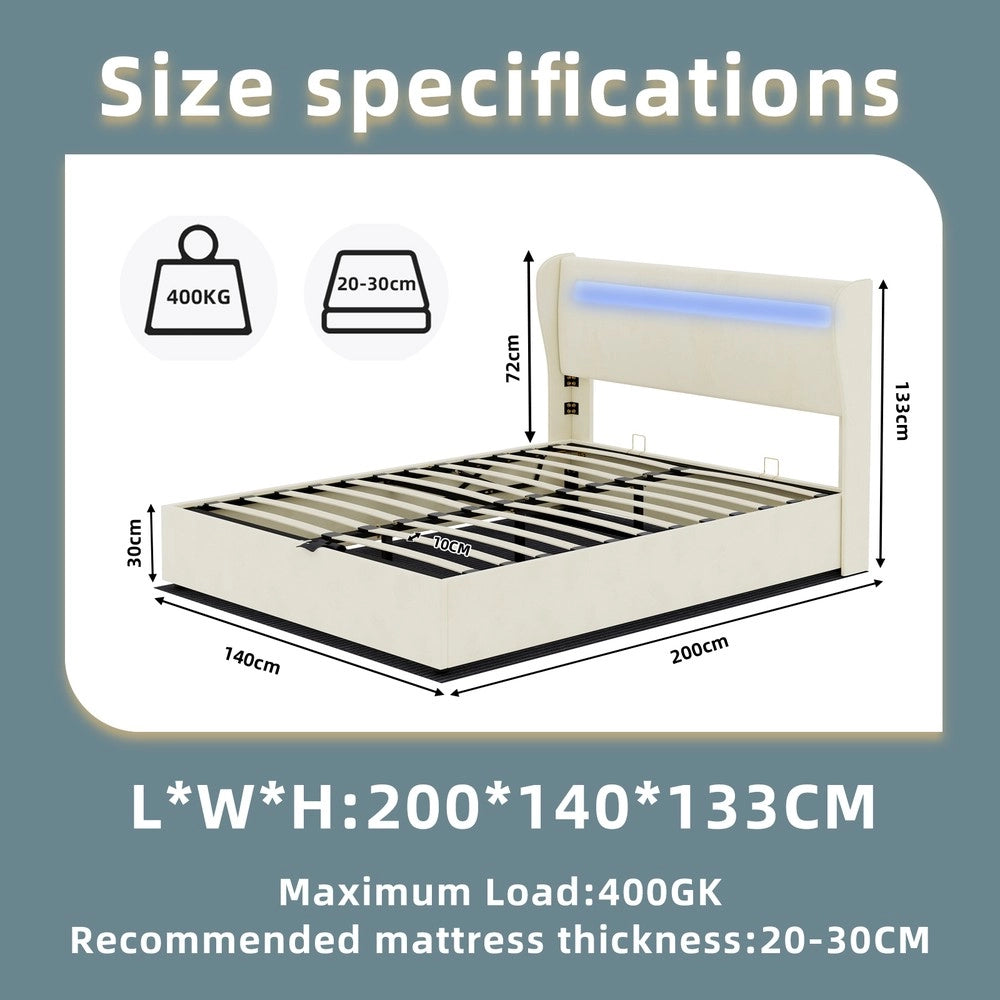 Letto Contenitore Imbottito con Testiera LED ¨C MINIMAL ¨C Velluto Beige 140x200