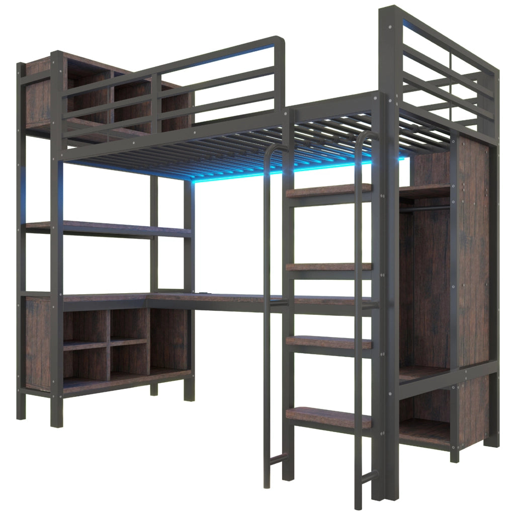 Letto a soppalco multifunzione 90x200 cm con scrivania; armadio; LED e prese EU; nero
