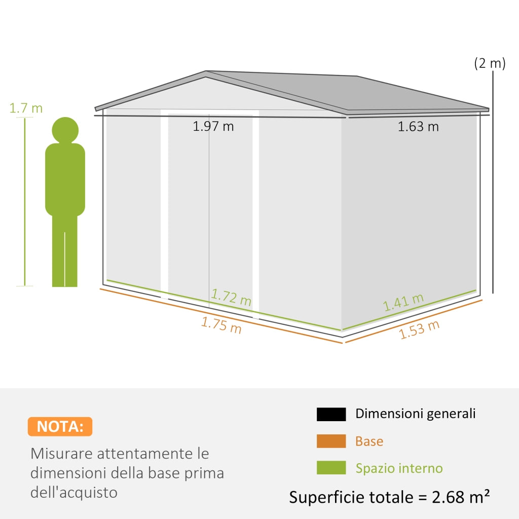 Capanna da Giardino in Acciaio e PP con Prese d'Aria e Base, 197x163x178-200 cm, Marrone