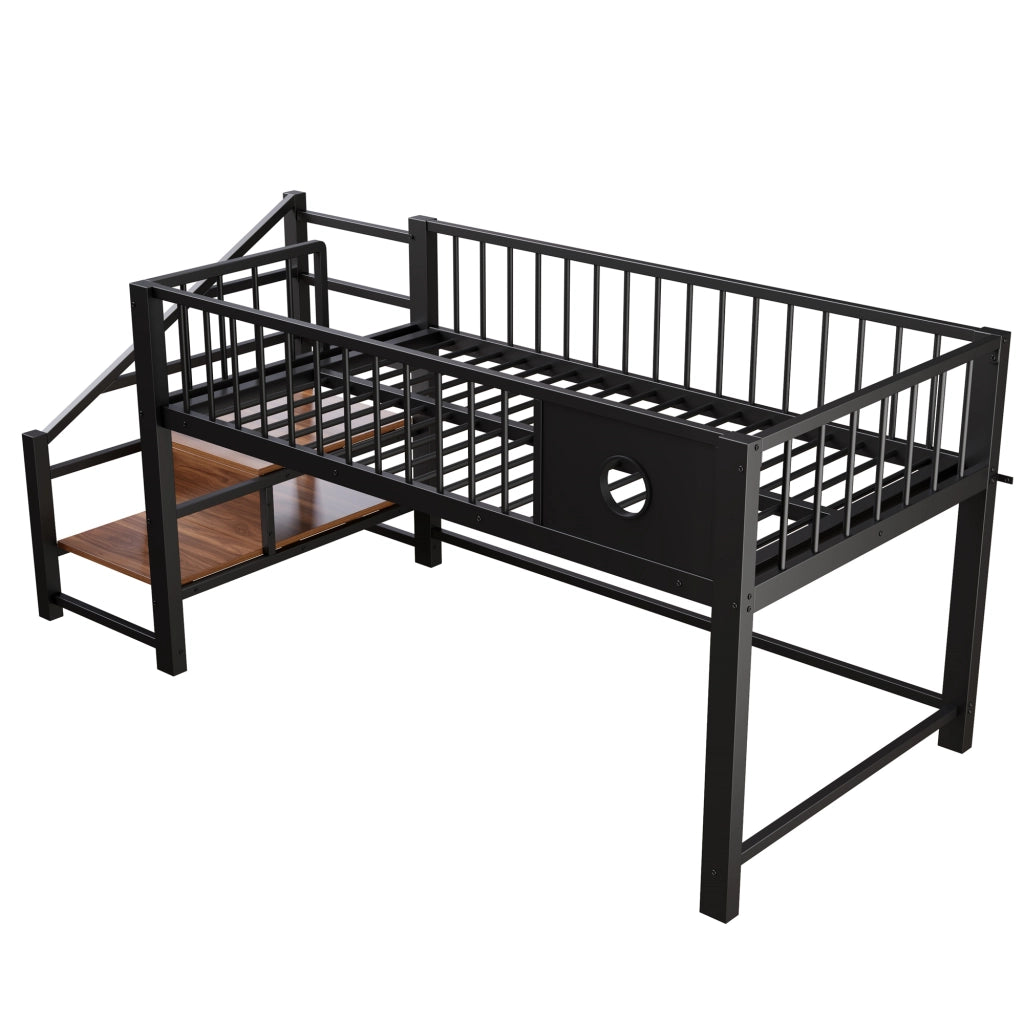 Letto a soppalco basso per bambini 90 × 200 cm con scala contenitore, struttura in metallo, senza materasso, nero