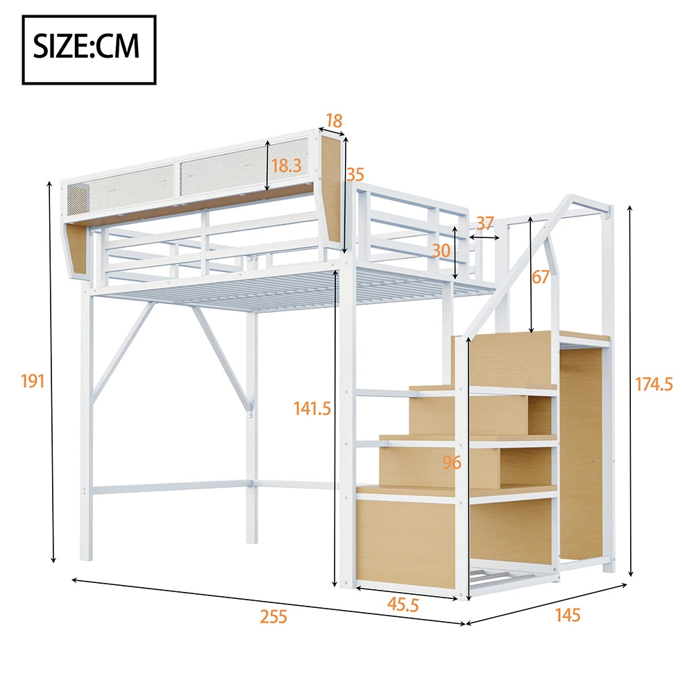 Letto a Soppalco 140x200 – Xylo – Metallo per Adulti/Bambini, Scala Sicurezza, Ripostiglio Flessibile, Bianco