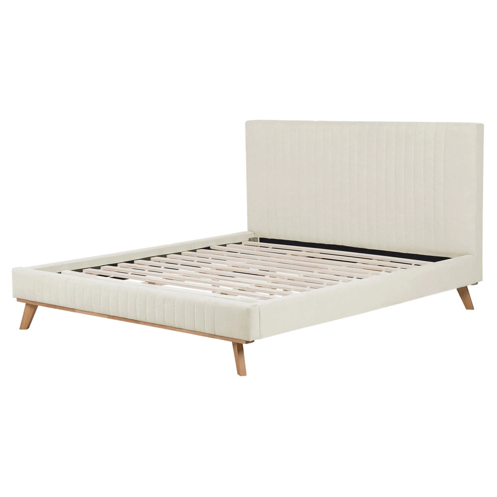 Letto 160 x 200 cm Beige Ciniglia imbottita con struttura a canale testiera trapuntata