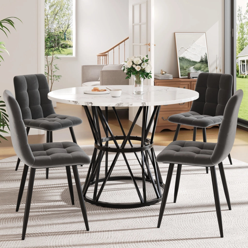 Set da pranzo 5 pezzi con tavolo rotondo Ø 100 cm e 4 sedie in velluto
