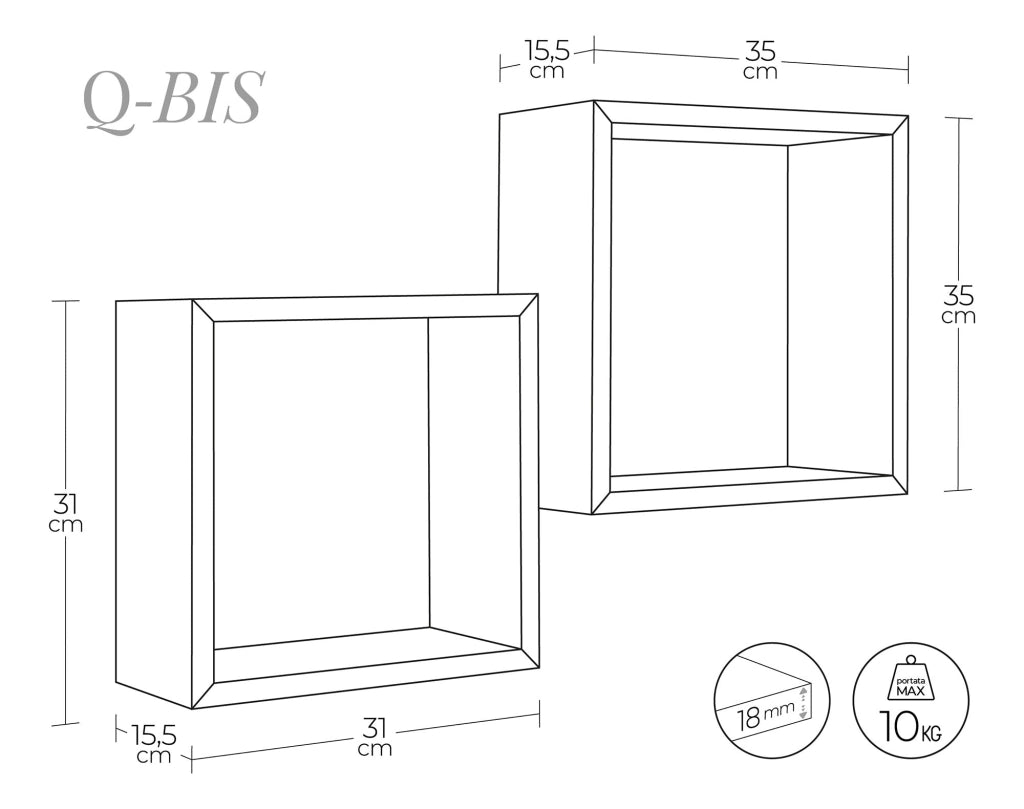 Set 2 Mensole Cubo da Parete Quadrato in Fibra di Legno Q-Bis Rovere Sagerau