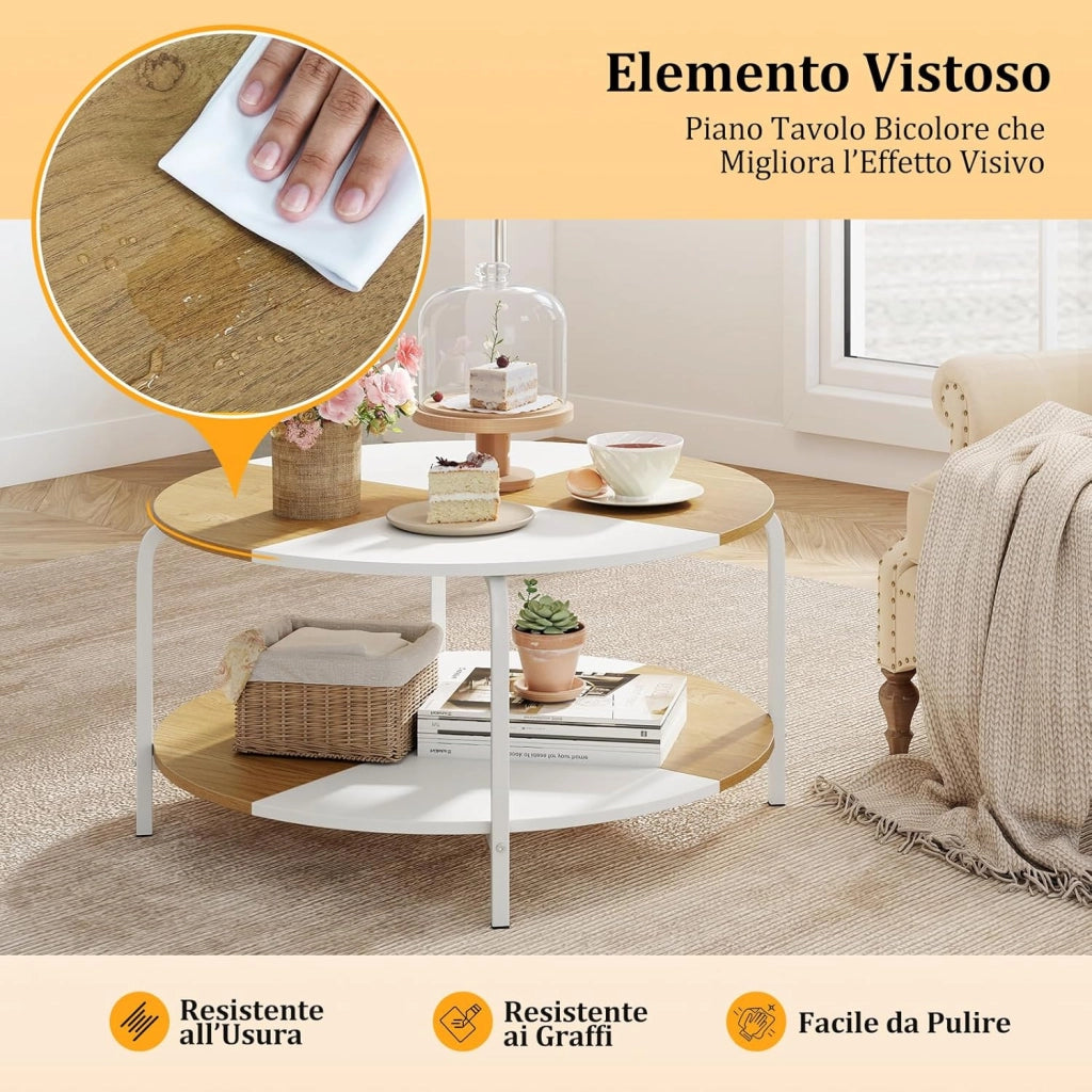 Tavolino da Salotto, Tavolino a 2 Livelli con Ripiano e Piedini Antiscivolo, Tavolo da Caffè Rotondo in Legno e Metallo, per Soggiorno, Studio e Ufficio, Portata 100 kg, 80 x 80 x 42 cm