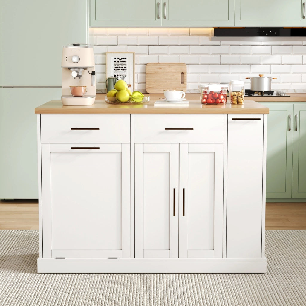 Isola da cucina, piano ribaltabile, scaffale a 4 ripiani per condimenti, 2 cassetti, ruote con freno, colore bianco e naturale