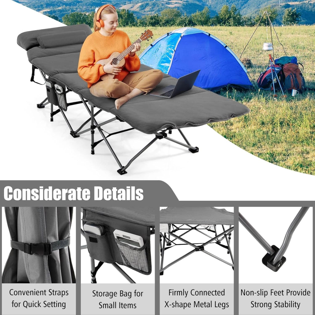Lettino da campeggio pieghevole 190 x 67 x 50 cm, letto da campeggio con materasso rimovibile e cuscino, lettino da campeggio con borsa per il trasporto, antiscivolo, campeggio, viaggi