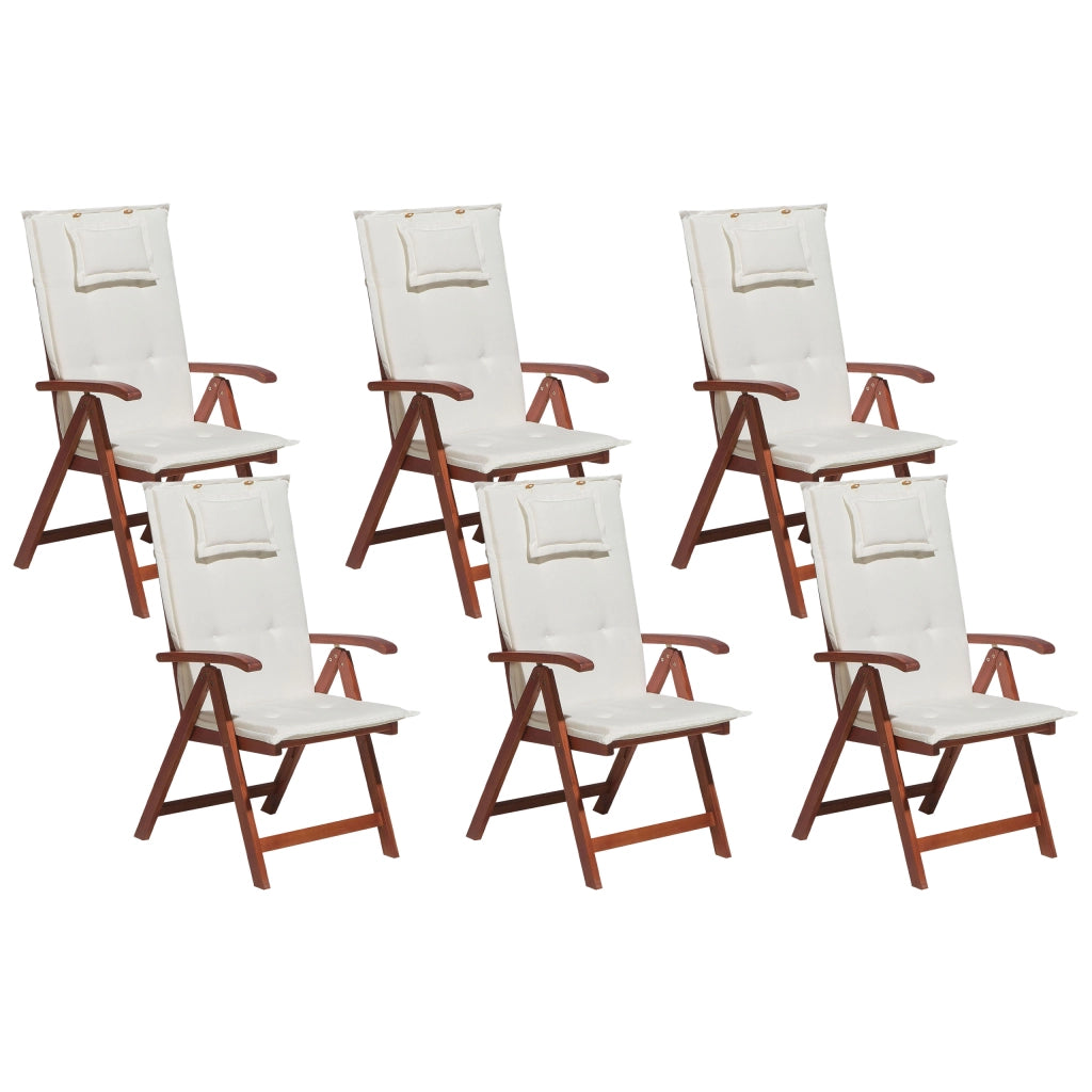 Set di 6 sedie da giardino in legno di acacia cuscino bianco sporco regolabile pieghevole per esterni in stile rustico