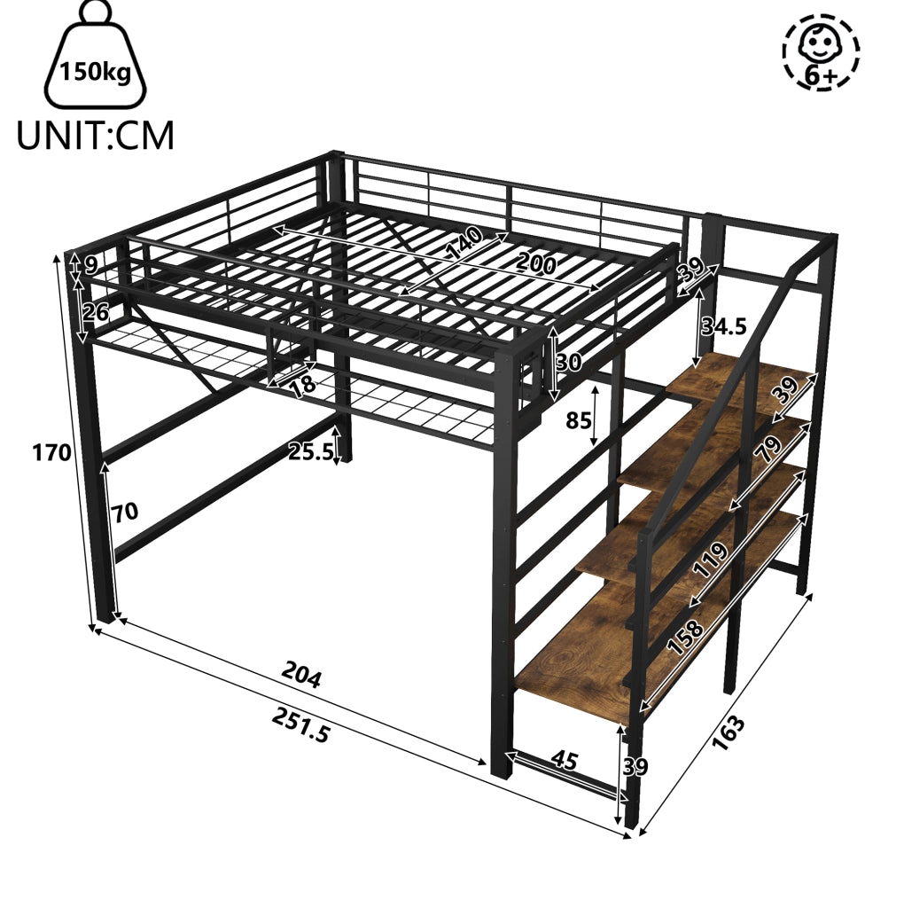 Letto a soppalco 140x200 cm in metallo nero con scala contenitore e LED