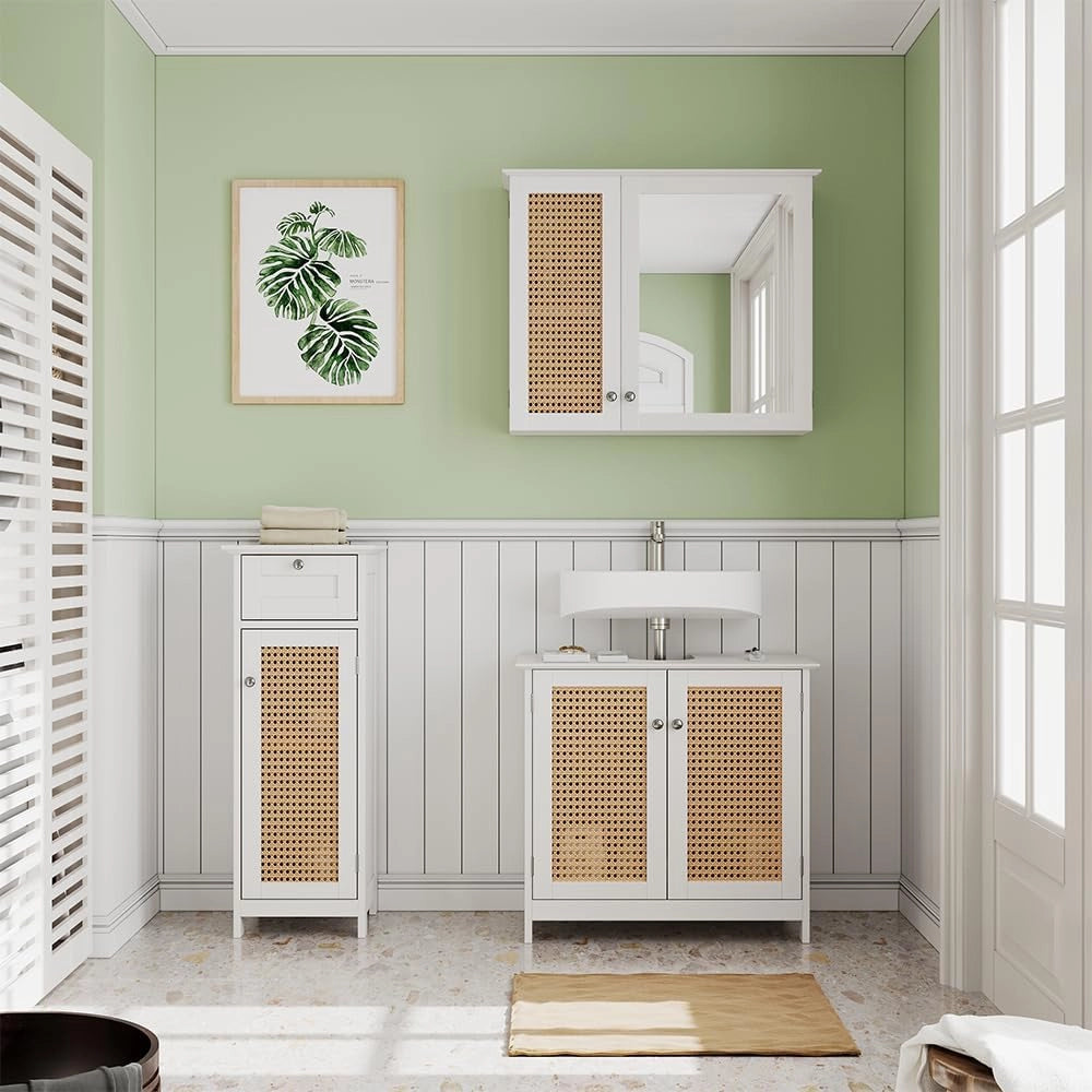 Set di mobili da bagno Rosario, Bianco, 60 cm, composto da mobile sottolavabo, specchiera e mobile medio