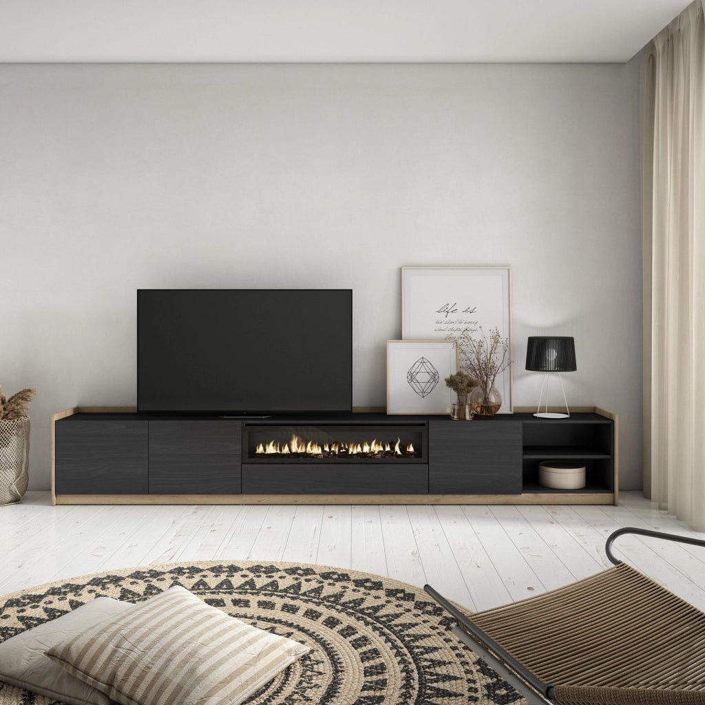 Mobile TV Soggiorno, 310x50x37 cm, Per TV fino a 80", Camino elettrico, Nero e rovere
