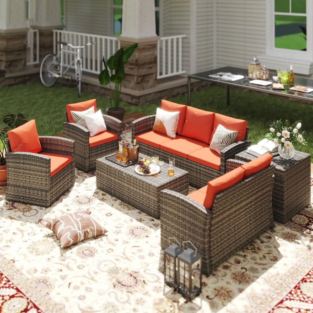 Set Salotto da Giardino 2 Divani 2 Poltrone Tavolino e Contenitore in Rattan Marrone e Arancione