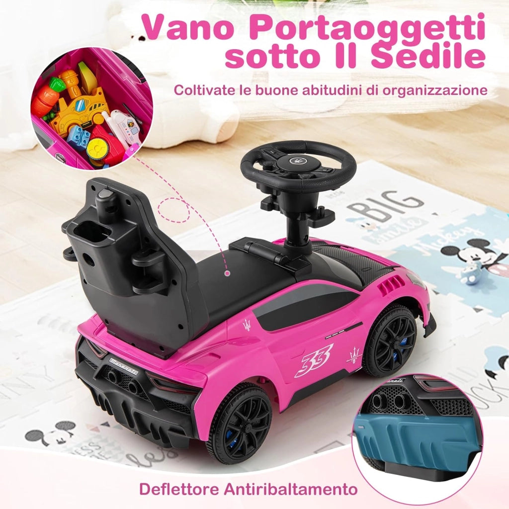 3 in 1 Maserati Auto da Spinta, Auto Scorrevole con 2 Ruote Universali Volante Musicale Paracolpi e Manubrio, Macchina Cavalcabile con Ripostiglio per Bambini 18-60 Mesi (Rosa)