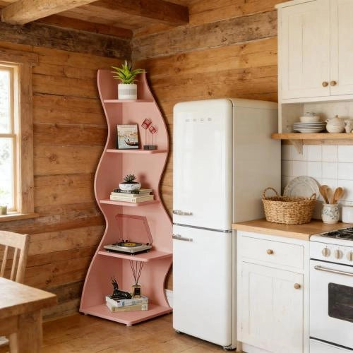 Mensola angolare a 5 ripiani in legno, colore rosa, salvaspazio per casa e ufficio