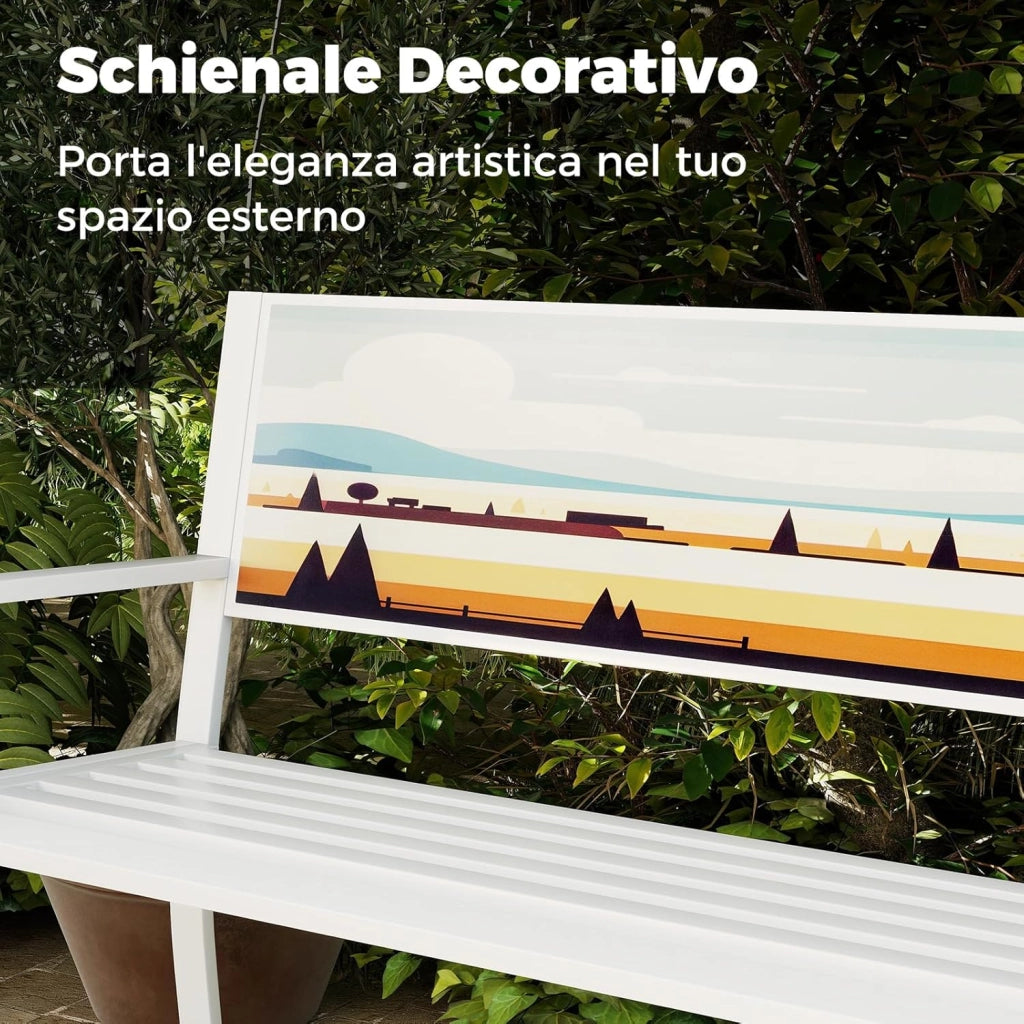Panca da Giardino Decorativo Artistico in Metallo, Panchina da Esterno con Schienale Decorato, Panchina da Giardino 2-3 Posti per Terrazza (Bianco, 128 x 53 x 81,5 cm)