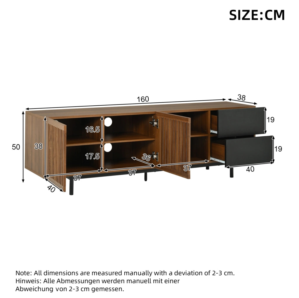 Mobile TV 160 cm con ante a doghe; 2 cassetti e vani aperti; MDF nero/naturale
