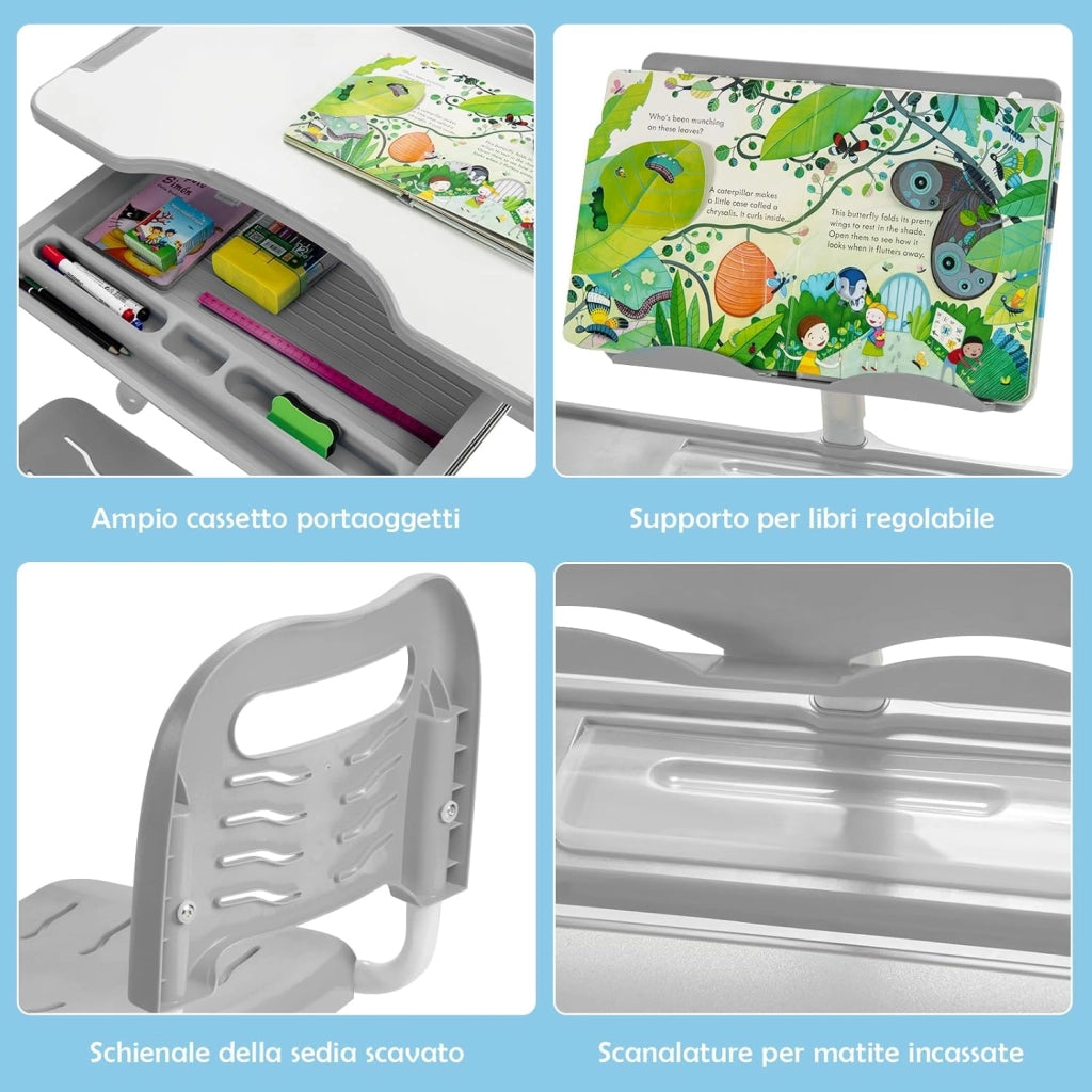 Set Scrivania e Sedia per Bambini, Tavolo Regolabile in Altezza con Piano Inclinabile 45° e Luce LED 3 Modalità, Tavolo e Sedia Ergonomica in Materiali Sicuri per 4+ Anni (Grigio)