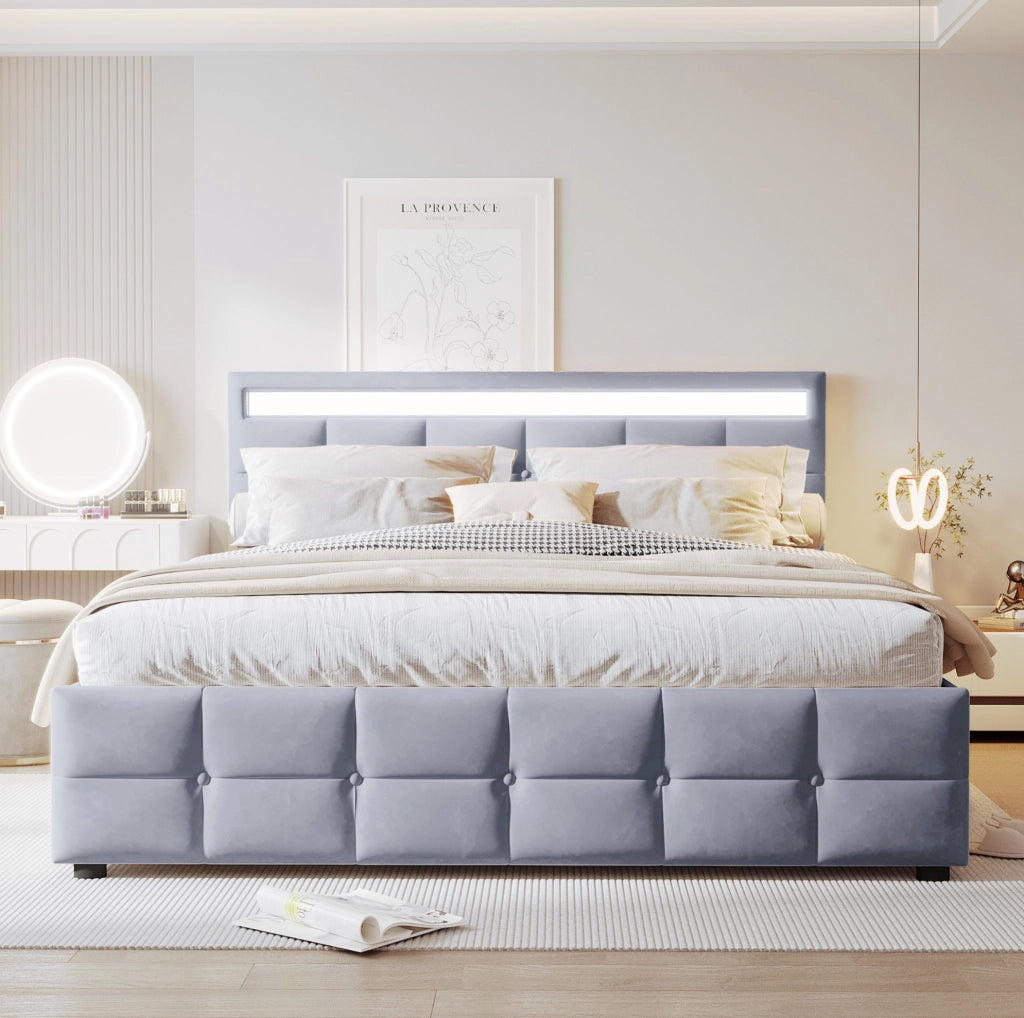 Letto matrimoniale imbottito 180x200 cm con LED; contenitore idraulico; velluto olandese grigio