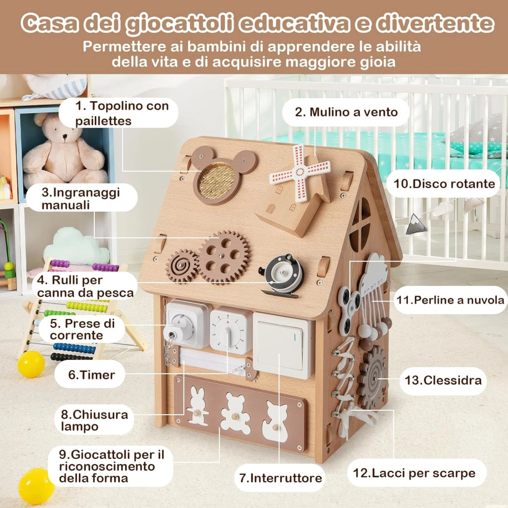 Occupato Montessori per Bambini in Legno, Casetta Giocattolo Piccola con Giochi Sensoriali e Vano Interno, Giochi Montessori per Motricità Fine, per Bambini 3 Anni+