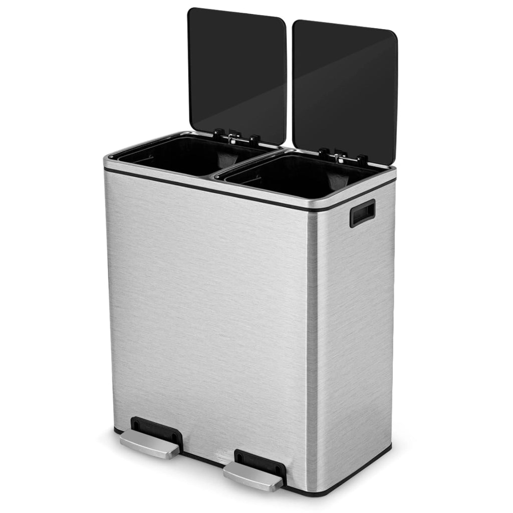 60 L Pattumiera per Differenziata 2 Scomparti, Secchi Spazzatura a Pedale in Acciaio, Cestino per la Spazzatura per il Bagno Cucina Ufficio Casa, 60 x 33 x 66 cm