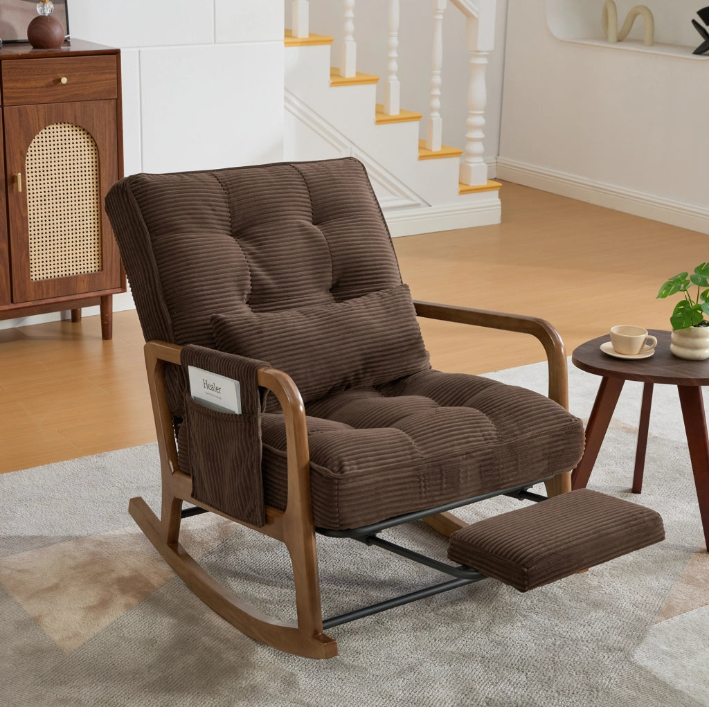 Sedia a dondolo con poggiapiedi; reclinabile a 3 posizioni; in corduroy marrone; 70x80x92 cm