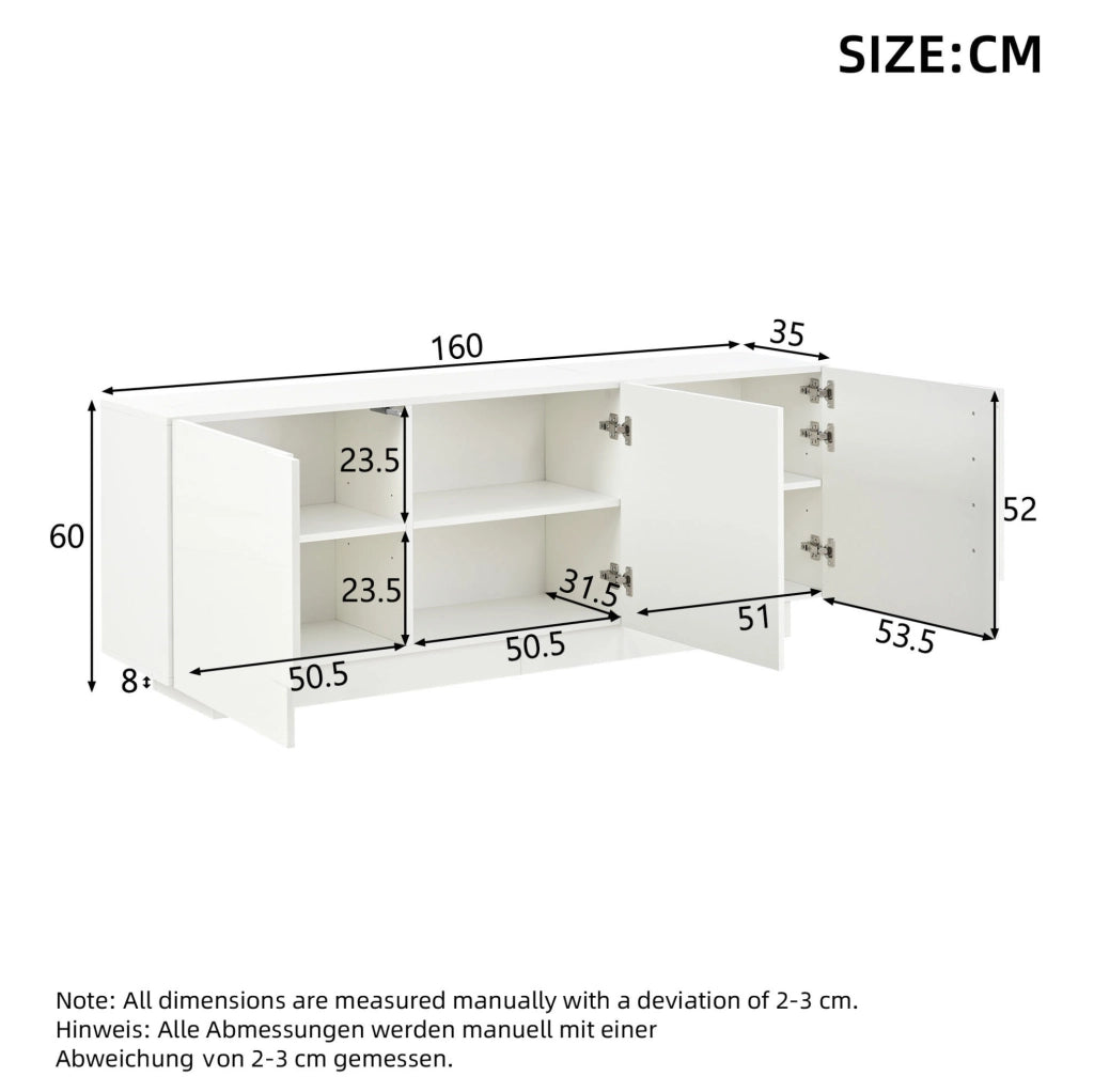 Credenza 160x35x60 cm a 3 ante con ripiani regolabili in truciolato bianco