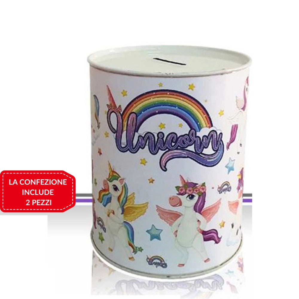 Trade Shop - Set 2 Pezzi Salvadanaio Latta Mini Monete Banconote Apertura Disegni Misti 13 Cm -