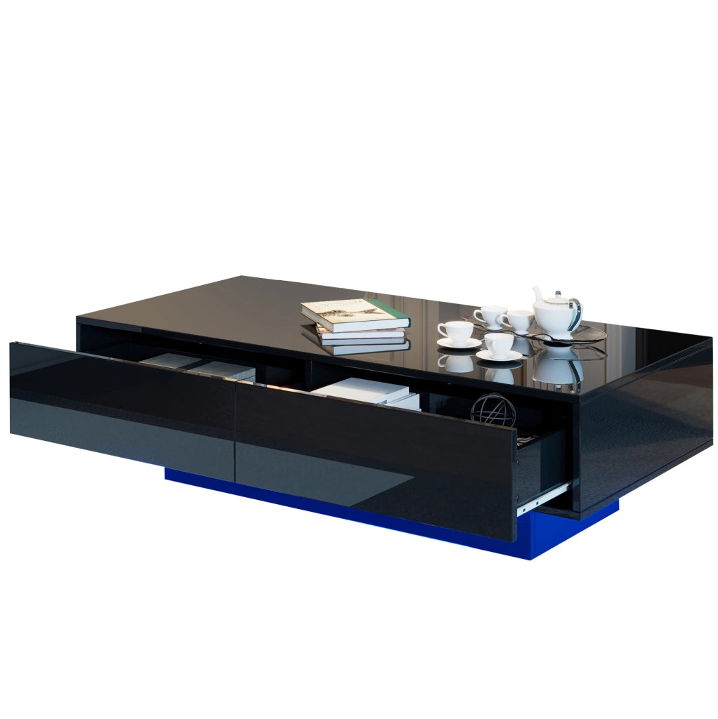 Tavolino da salotto nero lucido 115x55x34 cm con 2 cassetti e LED