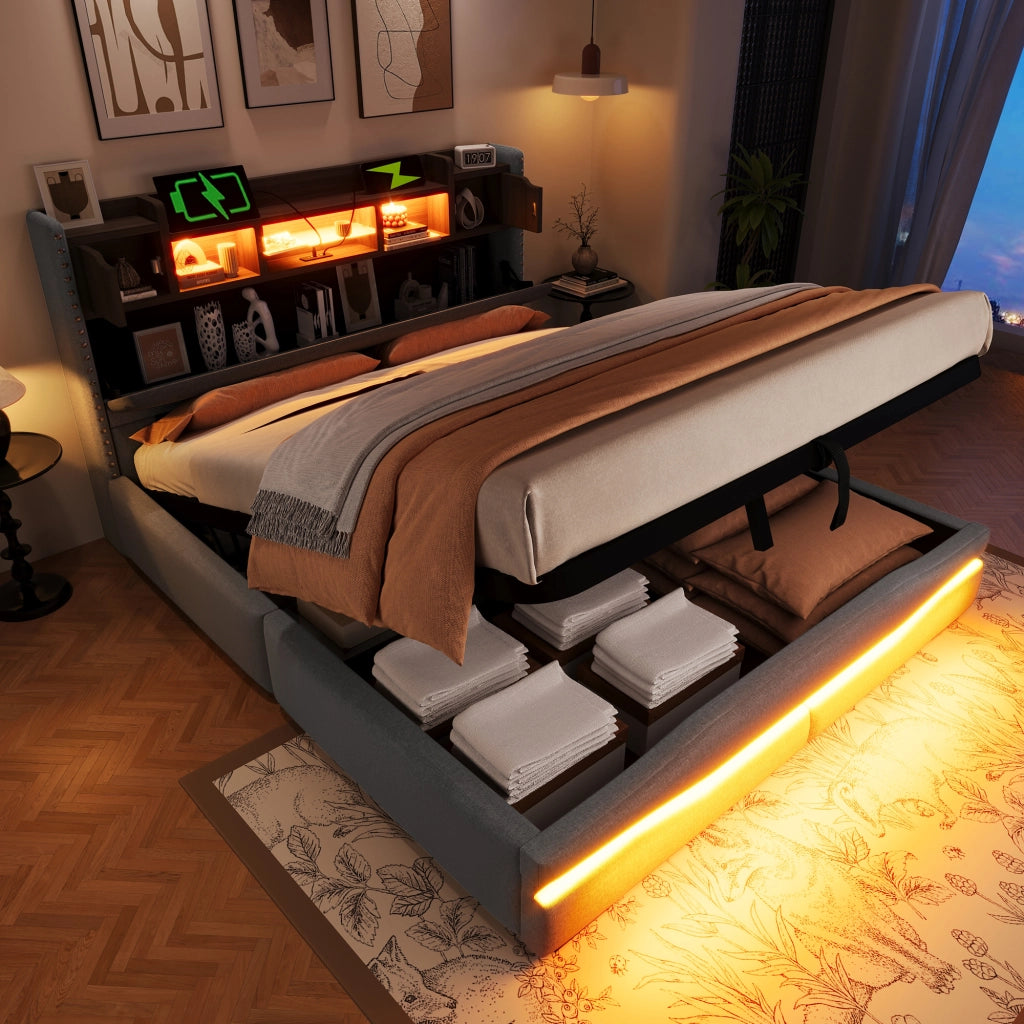 Letti contenitori 160x200 cm; contenitore idraulico e luci LED; lino; grigio (Senza materasso)